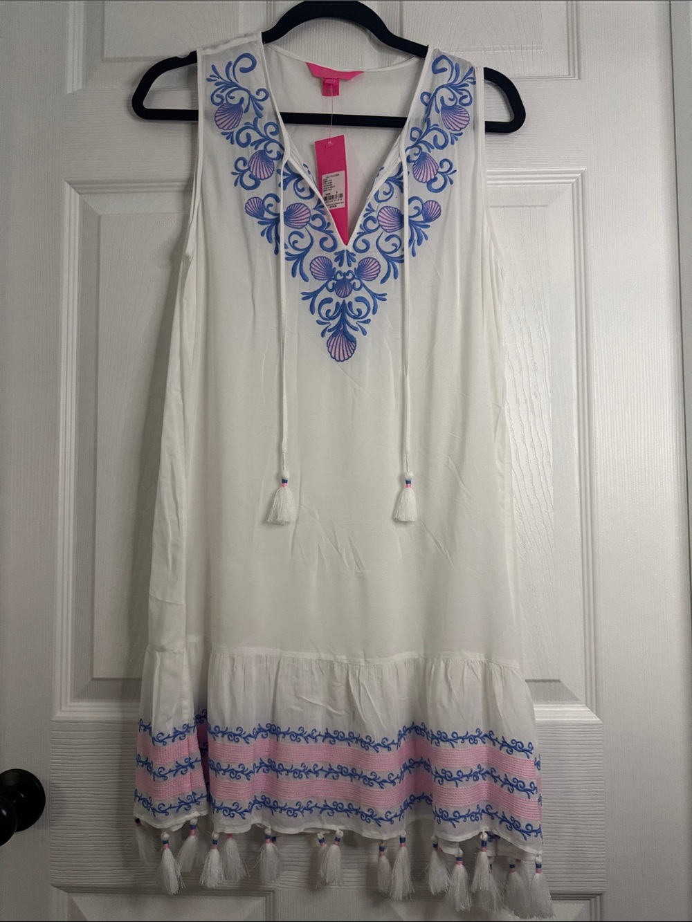Lilly Pulitzer White Sleeveless Tassel Coverup with Blue & Pink Embroidery